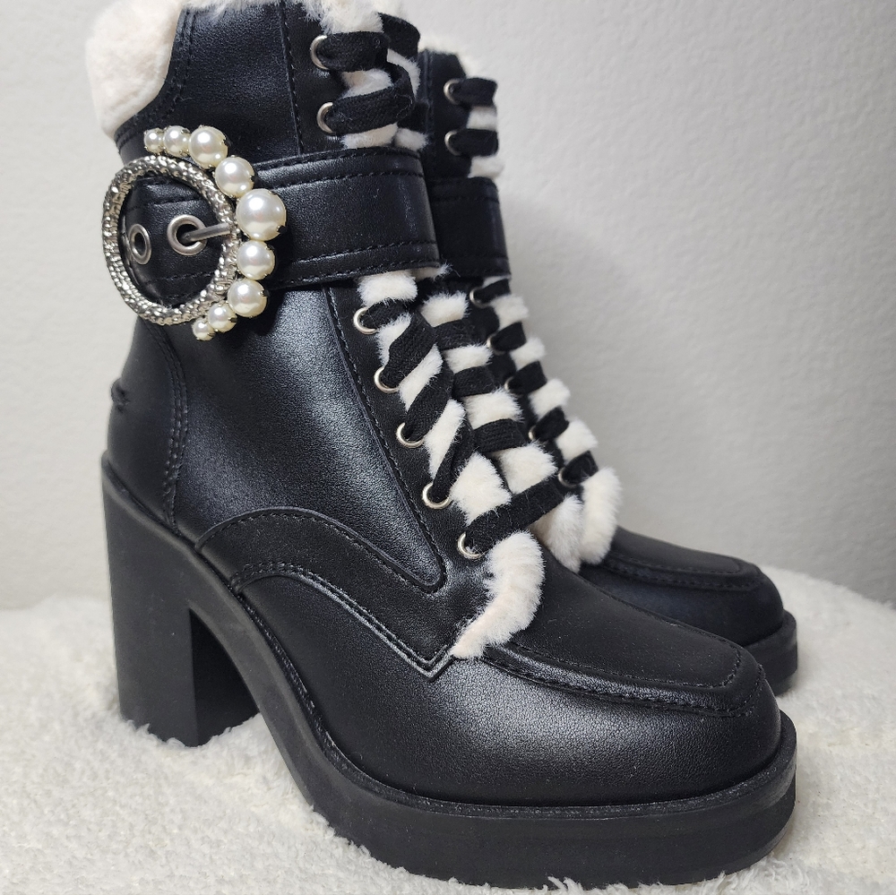 Karl Lagerfeld "Dottie" Black Leather Combat-Style Boots Size 6.5M NWOT